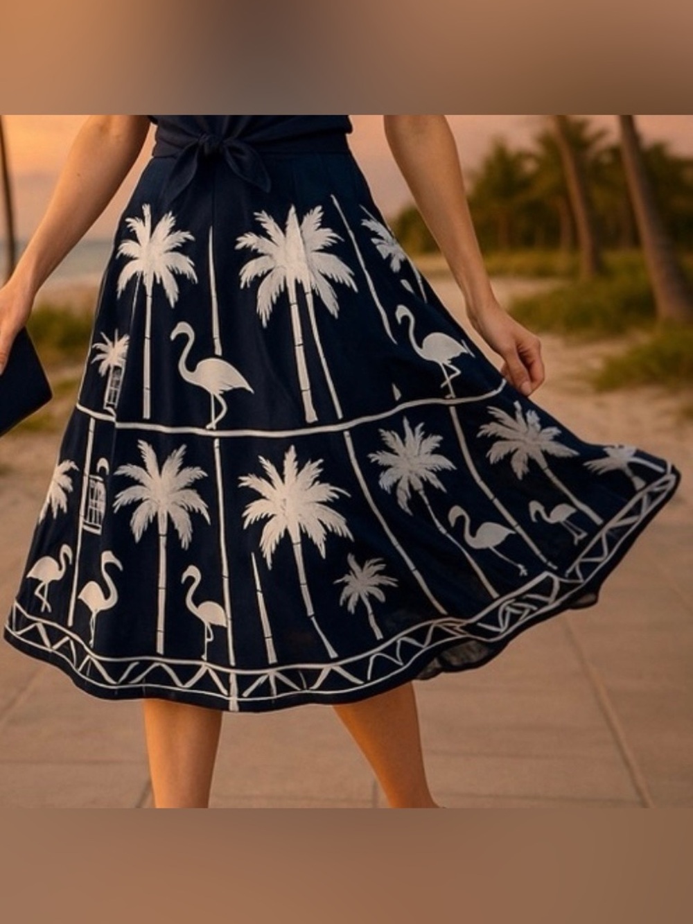 Talbots Navy Flamingo Palm Tree A-Line Skirt